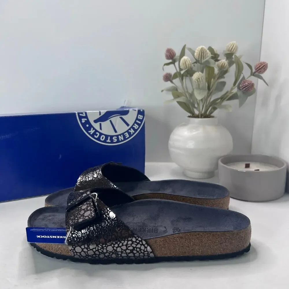 Birkenstock Madrid BS Birko Flur Sandal Metallic Stone Black Men 10/EU 43 NWB